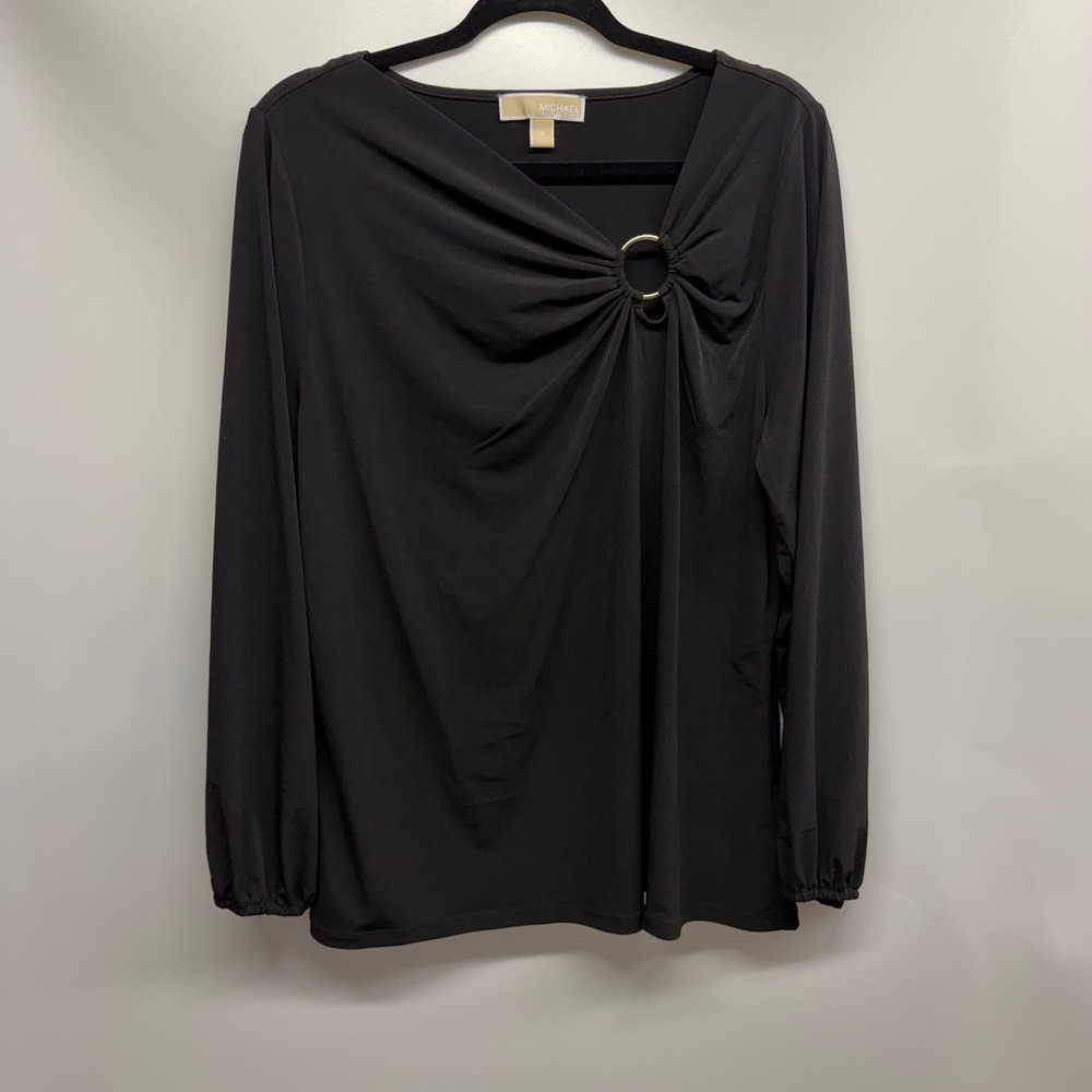 Michael Kors Black Gold Ring Drip Neck Top Blouse 1X‎ Party Quiet Luxury Elegant